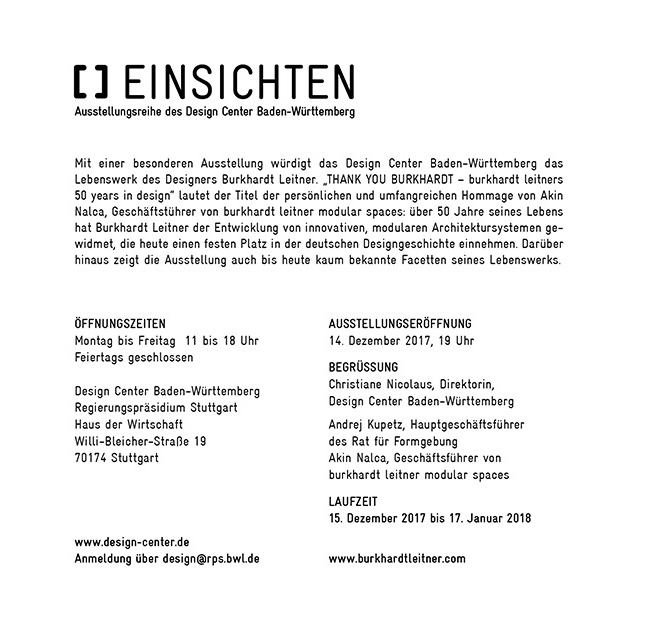 „THANK YOU BURKHARDT, Burkhardt Leitner’s 50 Years in Design“ at the Design Center Baden-Württemberg